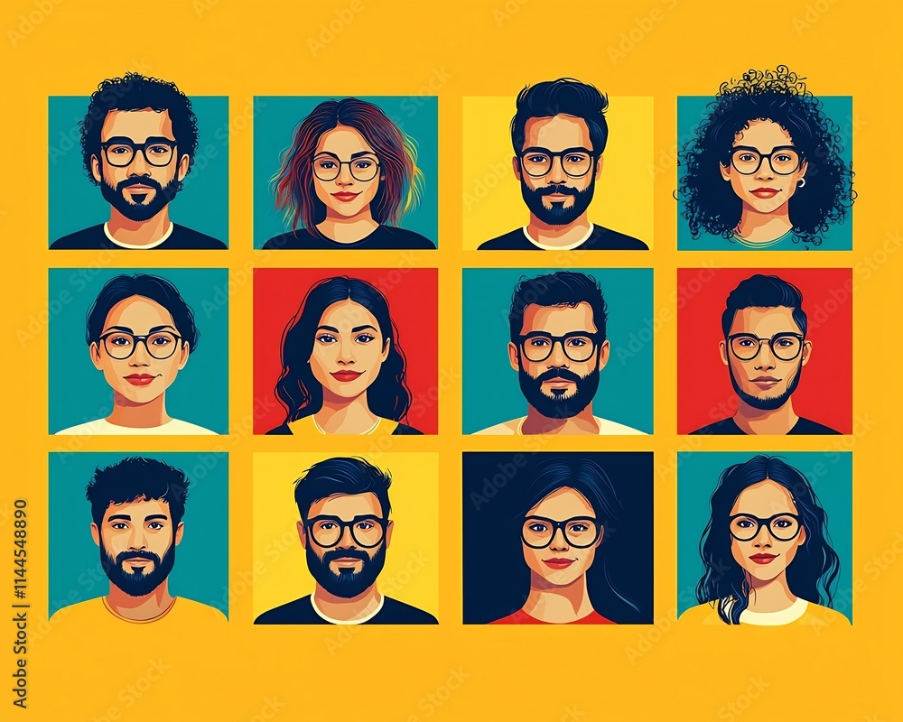 Poster diverse virtual team meeting on video call with animated avatars and characters