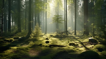 Obraz premium A quiet forest glade with soft natural light, space on the left for content,generative ai illustration