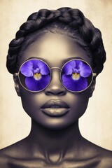 A stylish Black woman wearing round sunglasses with purple flower reflections, braided hairstyle, AI