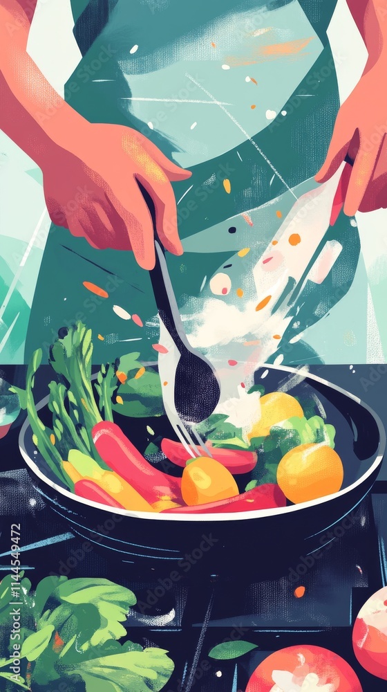 Poster a vivid illustration featuring a person in a green apron stirring colorful vegetables in a frying pa