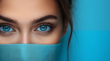 Close up portrait of beautiful young woman with blue eyes and turquoise scarf on blue background