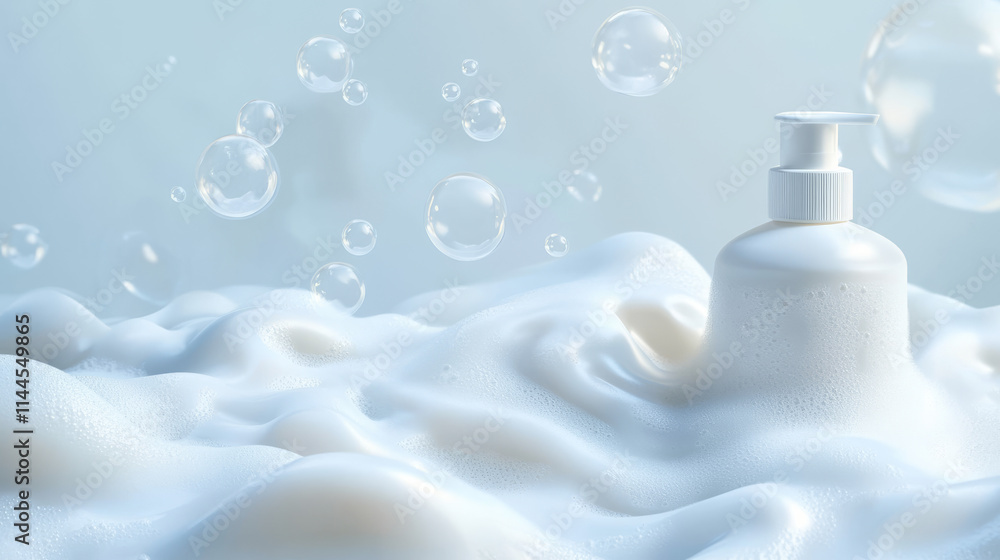 Poster 3d shampoo soap sud and bubble isolated vector set. realistic soapy detergent bath texture design il