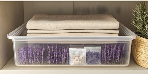 Fleece-lined leggings provide ultimate warmth and style. The cozy storage showcases neatly folded blankets alongside lavender sachets, perfect for a tranquil home setting.