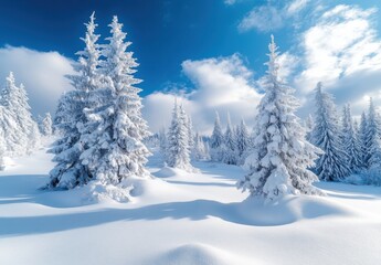 Naklejka premium Stunning Winter Wonderland Landscape with Snow-Covered Pine Trees Under Bright Blue Sky and Fluffy White Clouds in a Peaceful Nature Scene