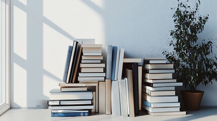 Minimalist Well Lit Home Office with Stacked Books and Potted Plants for a Productive Setting : Generative AI