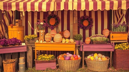 vibrant easter market stall: handmade decorations, painted eggs, and flower wreaths – perfect as a poster for festive home decor or spring sports events!