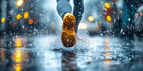 Fleece-lined leggings provide comfort and warmth as someone runs through a rainy street, splashing through puddles amidst vibrant city lights.
