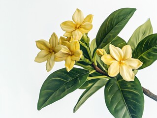 Fototapeta premium A branch of yellow flowers with green leaves on white background