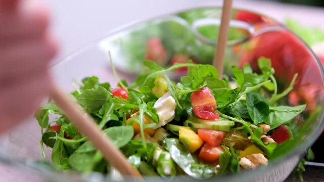 Drizzling Olive Oil on Italian Salad Closeup of hands tossing a fresh salad in a wooden bowl