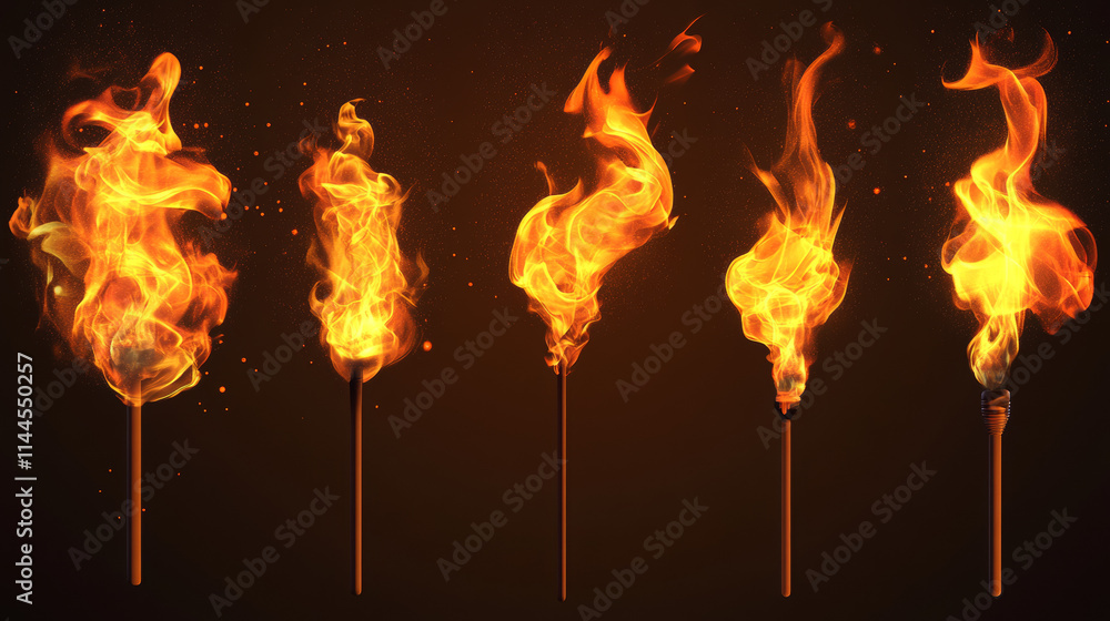 Poster realistic fire set for animation, torch flame isolated on transparent background. burning blaze effe