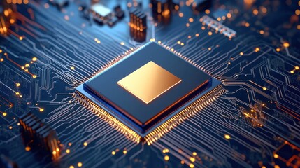 Close-up futuristic quantum chip embedded in a seamless metallic texture