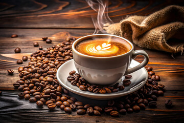 Forced perspective image of roasted coffee beans and a cup of fresh hot aromatic coffee