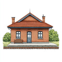 Obraz premium charming brick train station with red tiled roof, surrounded by greenery. This captures essence of vintage architecture