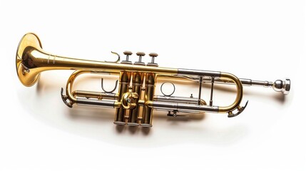 Obraz premium A gleaming golden trumpet rests on a stark white background, ready to play a melodious tune.