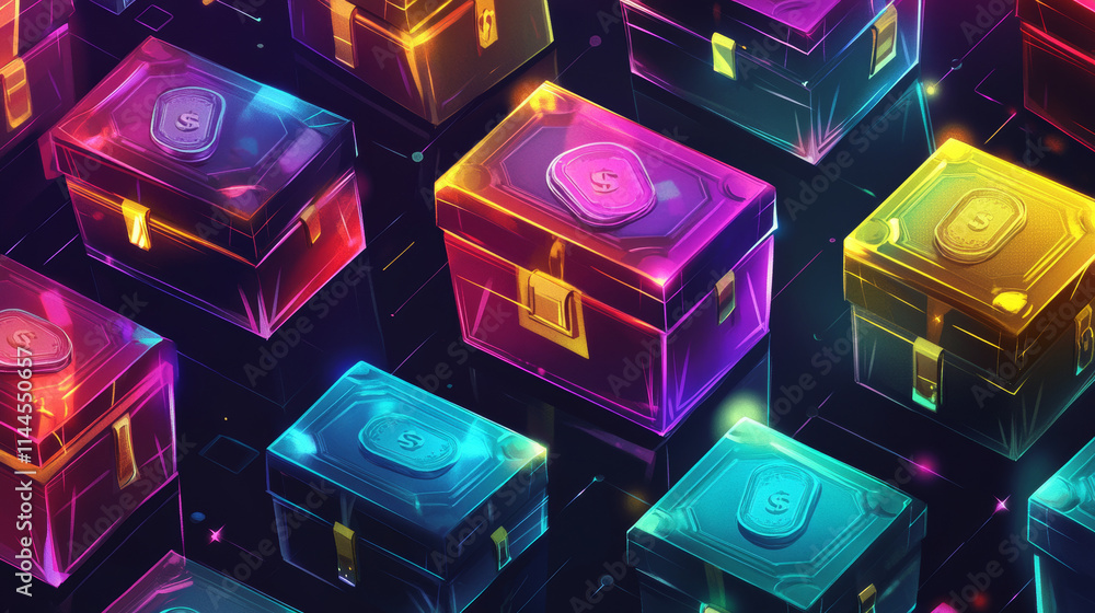 Aufkleber futuristic game icons of boxes with money. ui elements with future technologies, sci-fi game loot bo