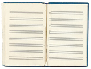 Opened ragged blank pages of musical notes in a music notebook. Vintage music note pages. Five-line staff without a key. Music notation elements for design.
