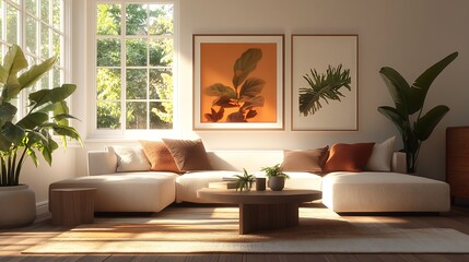 Modern Bright Living Room Interior Design with Large Windows and Stylish Wall Art Decor : Generative AI