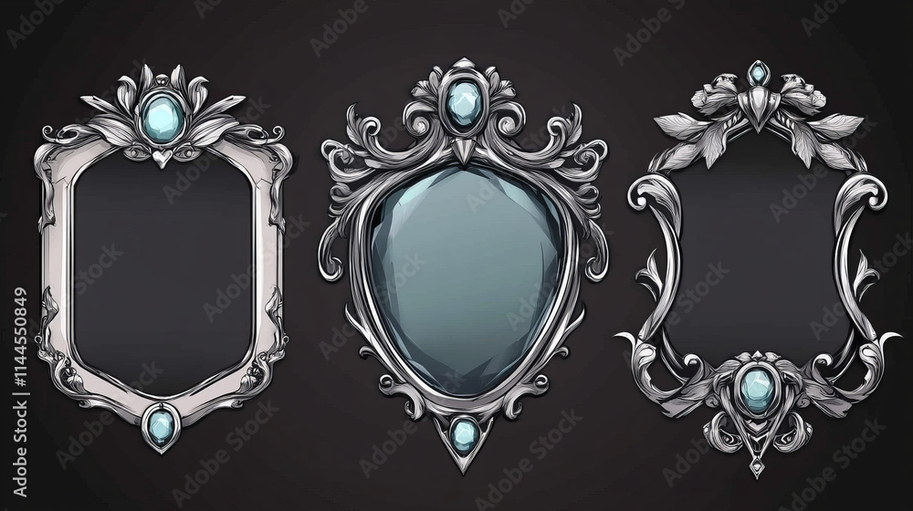 Aufkleber fantasy medieval ui border. metal frame design for rpg interface. silver label with gem stone and or