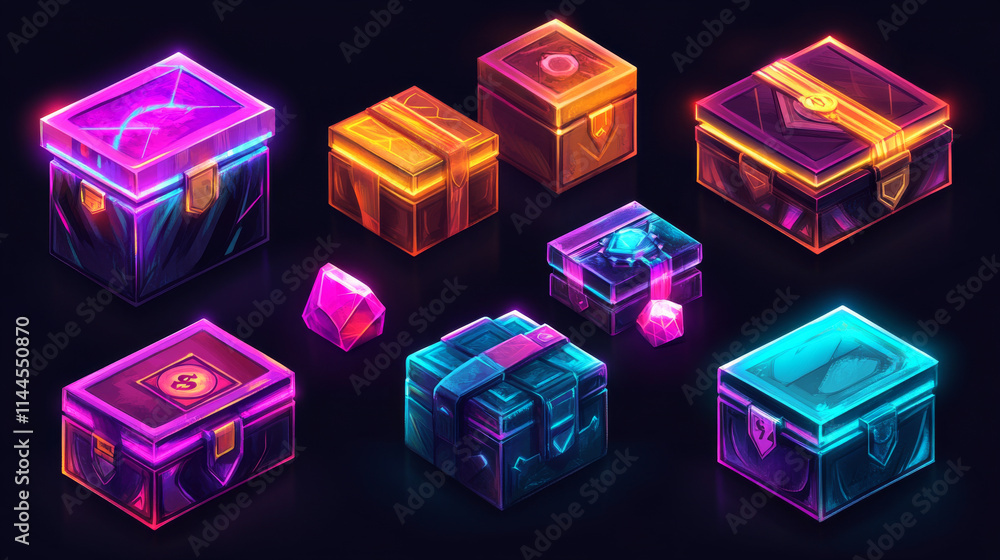 Poster futuristic game icons of boxes with money. ui elements with future technologies, sci-fi game loot bo