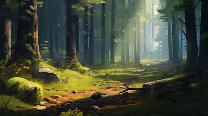Obraz premium A quiet forest glade with soft natural light, space on the left for content,generative ai illustration