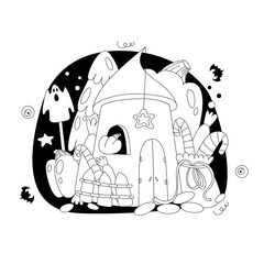 Vector illustration in flat and doodle style on Halloween theme. Image of a girl or a guy with a broom and in a hat, with pumpkins, bats and ghosts.