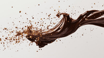 Splash of Dark Chocolate with Gold Particles - A dynamic splash of rich dark chocolate adorned with golden particles, captured mid-motion against a clean background.
