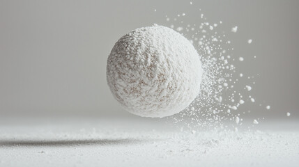 A delicate dessert ball covered in a thick layer of powdered sugar, captured floating in mid-air. The texture is soft and snowy, creating a minimalist and elegant food presentation.