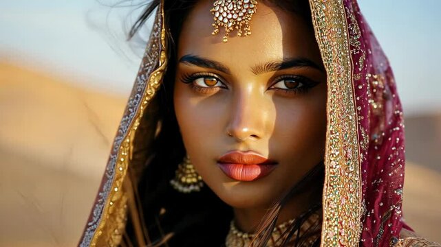 close up fashion portrait pretty Indian woman wearing ornate Pallu with diamond earrings at nature summer field 