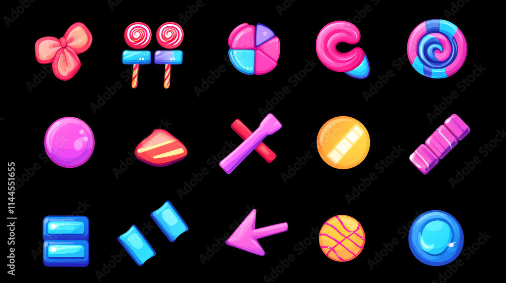 Poster candy game ui buttons set isolated on black background. vector cartoon illustration of progress bar,