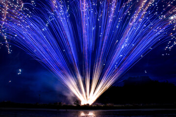 Spectacular Lakeside Blue Firework Fan Burst