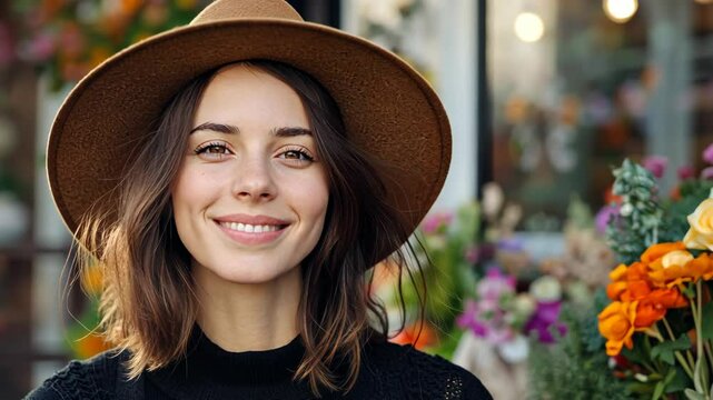 smiling young Caucasian woman wearing sunhat at flower shop on city street
