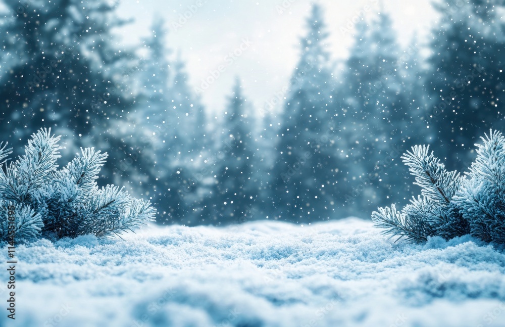 Poster tranquil winter scene with snow-covered pine branches and gentle snowfall in a frosty forest setting