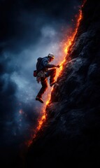 Obraz premium Adventurer Climbing Rocky Mountain with Fiery Lava Effect Under Dramatic Sky at Night