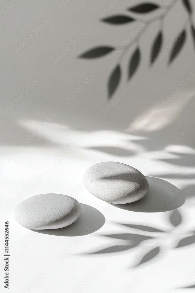 Aufkleber two smooth white stones casting shadows on a light background with green leaves creating patterns in