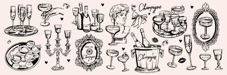 Champagne glass party set, hand drawn vector bohemian Italian bachelorette alcohol beverages print. Elegant holiday drinks wineglass on tray bottle cocktail banquet invitation. Wedding champagne party