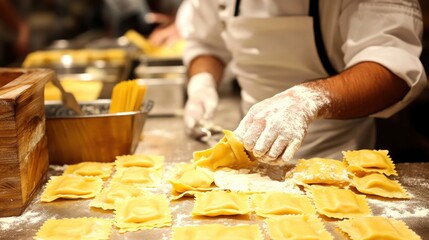 A chef demonstrating how to make handmade pasta in a cooking class, with participants kneading dough and shaping ravioli. The atmosphere is interactive and educational. 