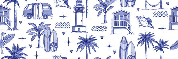 Watercolor summer seamless pattern, vector hand drawn tropical ocean texture, surfboard, palm tree. Travel paradise vacation wallpaper, California resort vintage print, nature design. Summer pattern