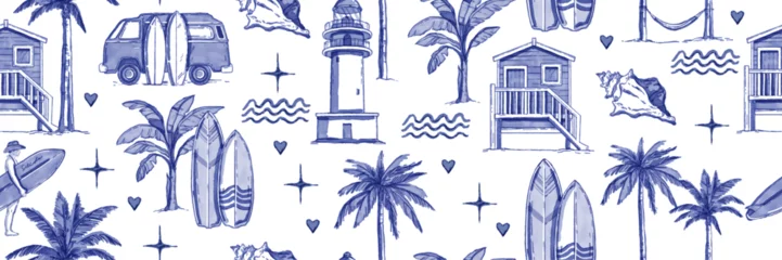 Keuken achterwand Landschap patronen Watercolor summer seamless pattern, vector hand drawn tropical ocean texture, surfboard, palm tree. Travel paradise vacation wallpaper, California resort vintage print, nature design. Summer pattern  © Oleksandra