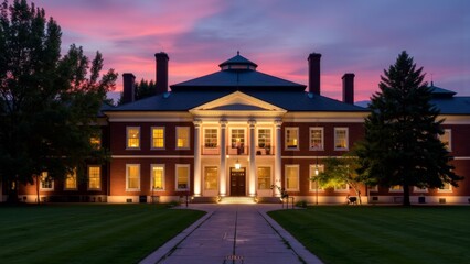 Fototapeta premium Courthouse building exterior bathed in warm sunset hues, symbolizing justice and order amidst the tranquility of evening light.