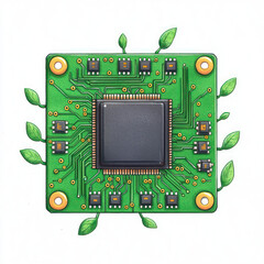 Fototapeta premium creative of circuit board with green leaves, symbolizing technology and nature