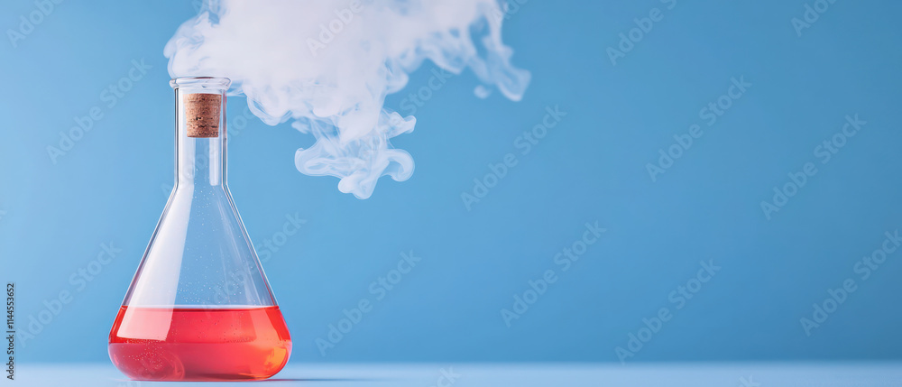 Poster close up of laboratory flask with red liquid and smoke, creating vibrant and intriguing atmosphere