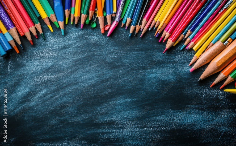 Aufkleber vibrant and colorful set of pencils arranged on a blackboard surface perfect for creative projects a