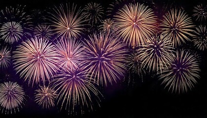 Night Black Bokeh Background with Realistic Fireworks, Empty Space for Design