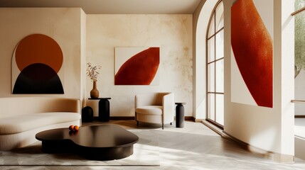 Corner with white armchair, black side table, accent red white abstract wall art. Stucco wall. 