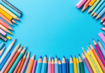 Fototapeta premium Vibrant Collection of Colorful Pencils and Stationery Items Arranged on a Bright Blue Background, Perfect for School, Art Projects, or Creative Endeavors