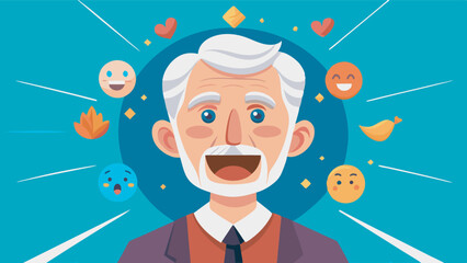 Elderly man with white beard and emoticons on laptop screen, radiating joy with fire, smiles, hearts. Vibrant, energetic image with greenish-blue background.