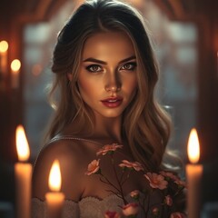 Romantic and Captivating: A Stunning Beauty with Flowers in Her Hair, Vibrant Colors, Dynamic Viewing Angle, and a Highly Detailed Photorealistic Full-Body Portrait