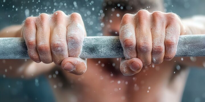 fitness motivation, close-up of hands on pull-up bar with chalk dust, gym equipment in background, hinting strength perseverance, space for text on left - Powered by Adobe