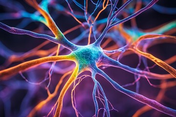Close-up of a neuron and synapse with glowing neural connections and electrical impulses. Detailed structure with vibrant colors highlighting brain communication.