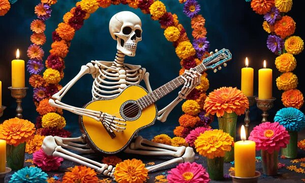 A skeleton is playing a guitar in front of a bunch of candles